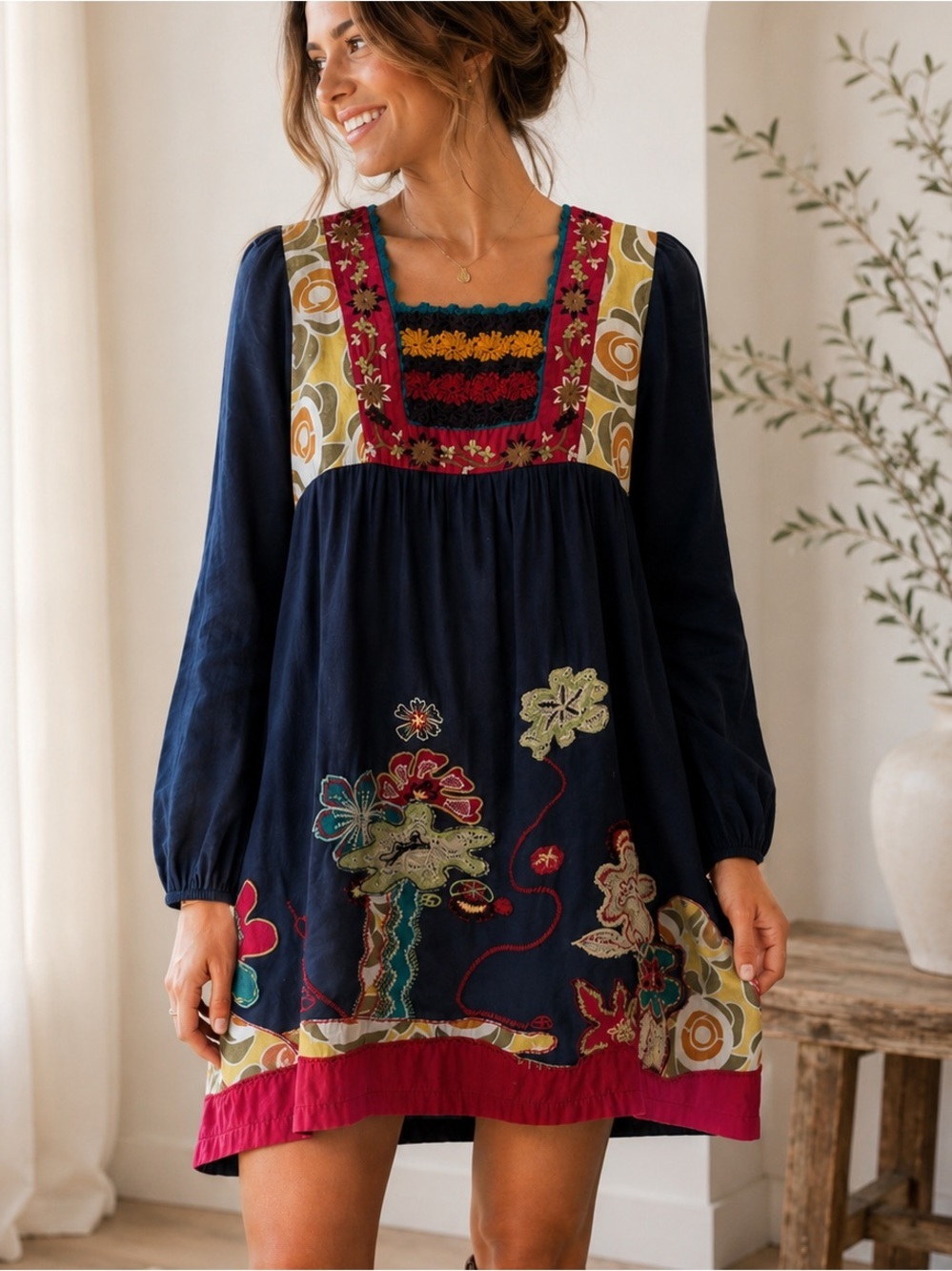 Double Zero Boho Embroidered Crochet Floral Tunic Dress Size Small